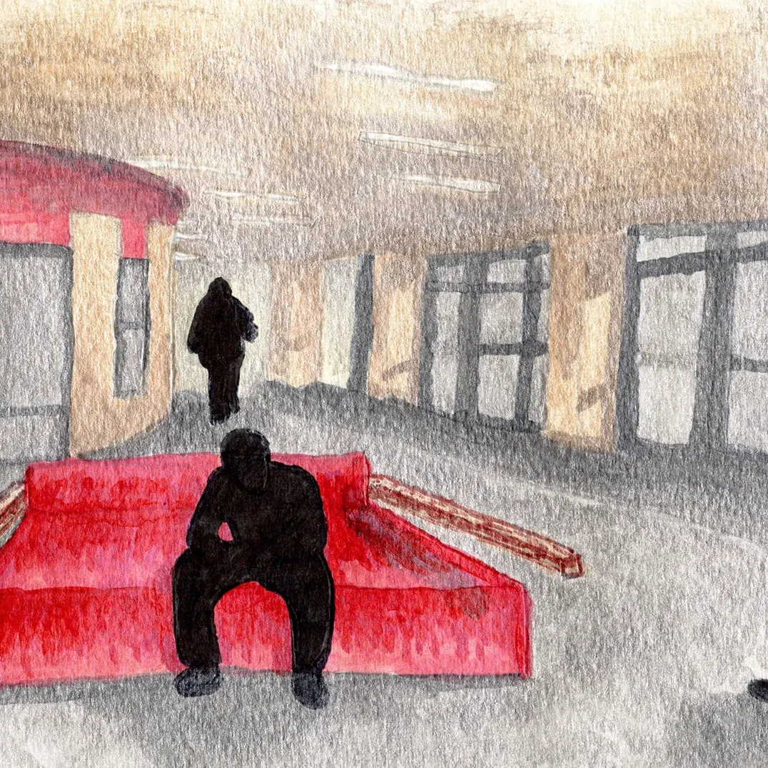 Mixed media drawing of a rectilinear structural object transformed into a bench