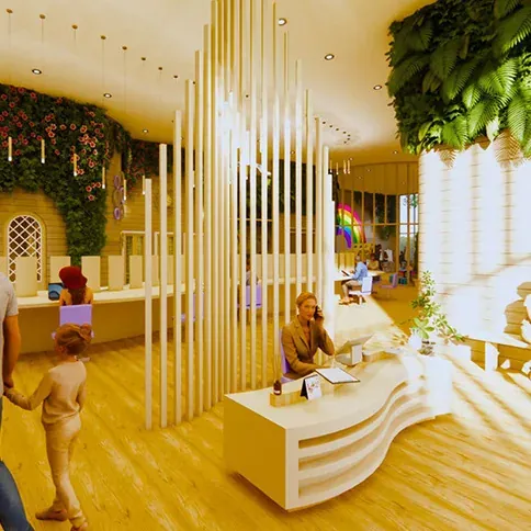 Rendering of a parent-focused co-working space integrated with childcare