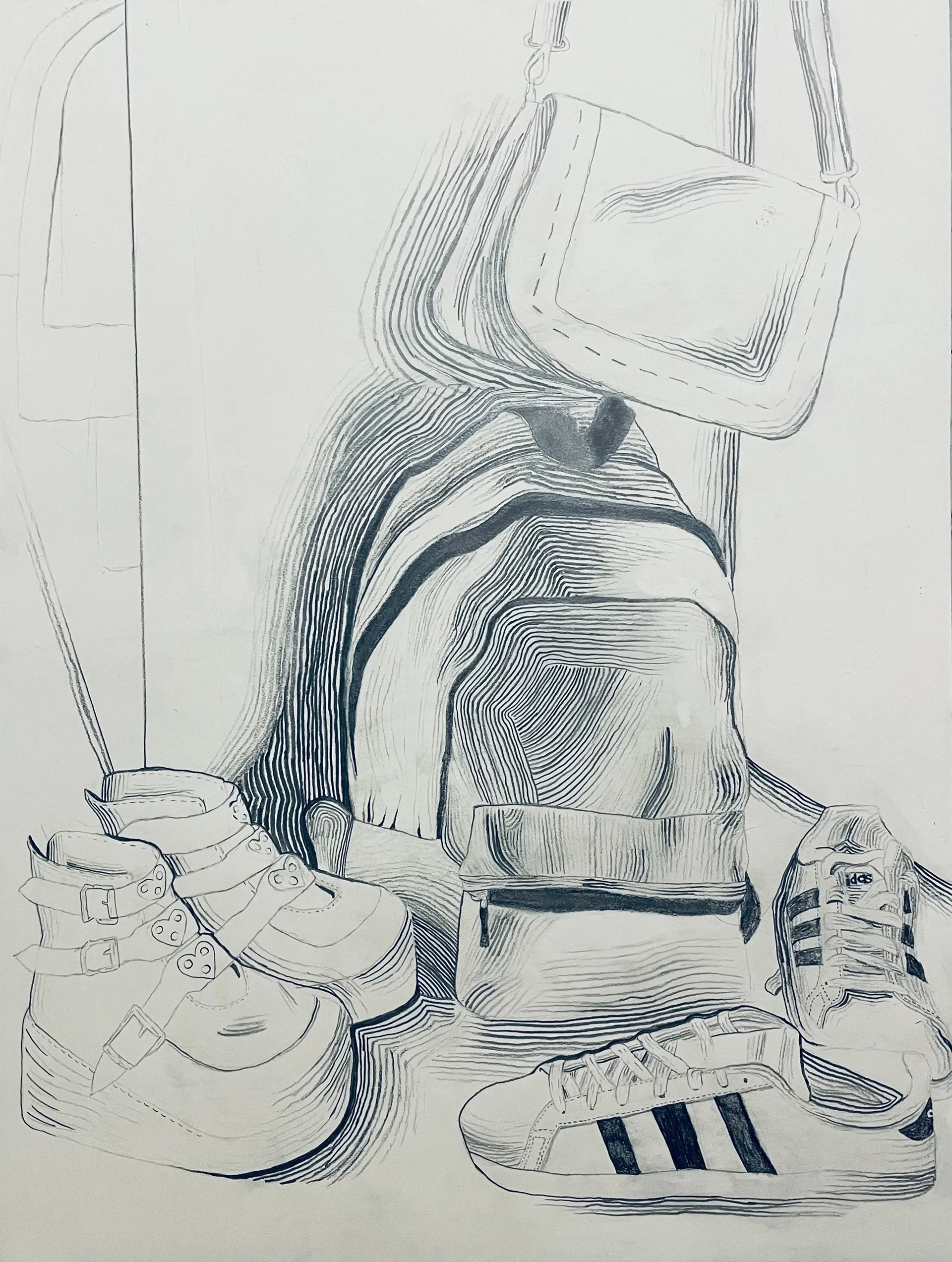 Graphite line drawing of two bags and two pairs of shoes rendered without blending