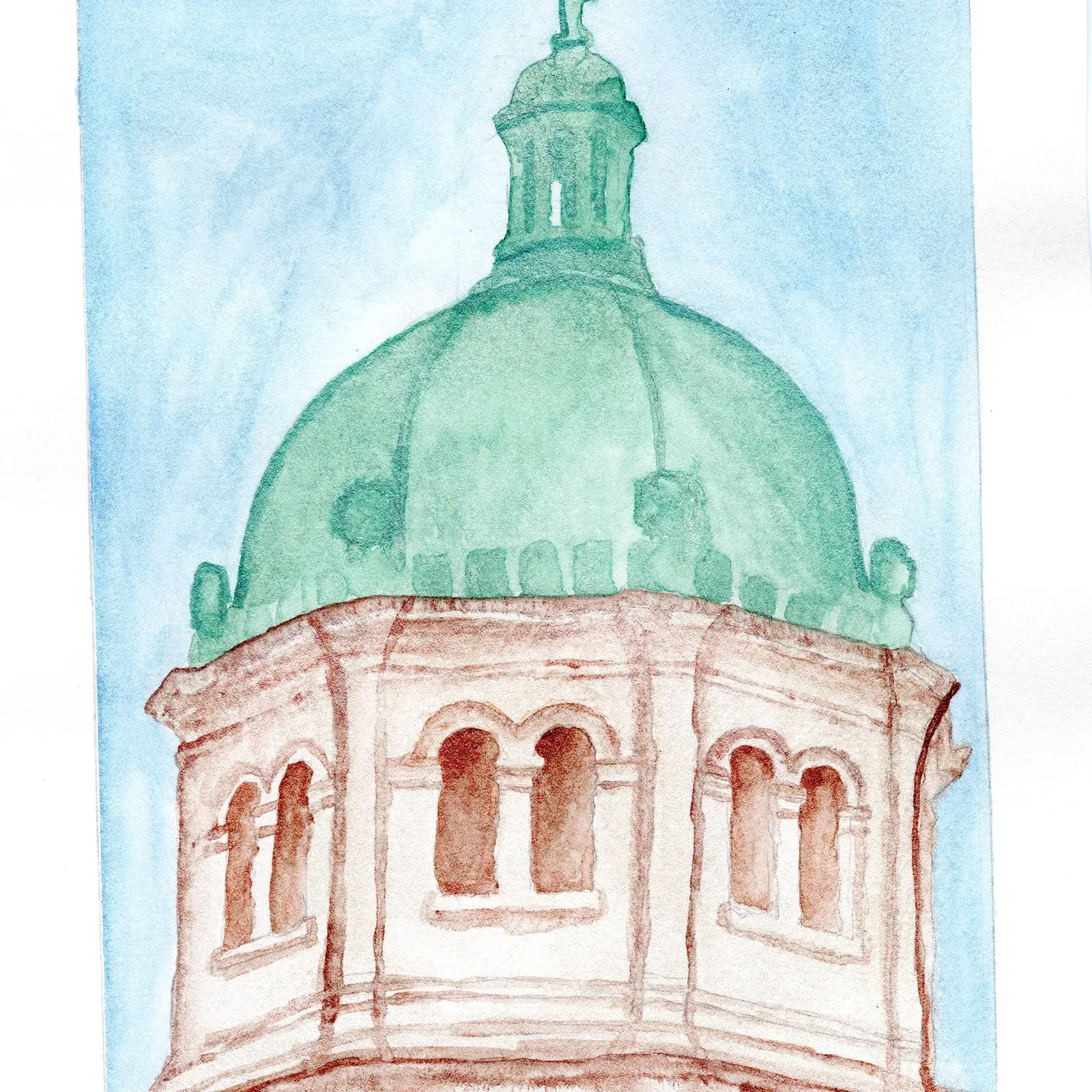 Watercolor rendering of architectural details on the VCU campus