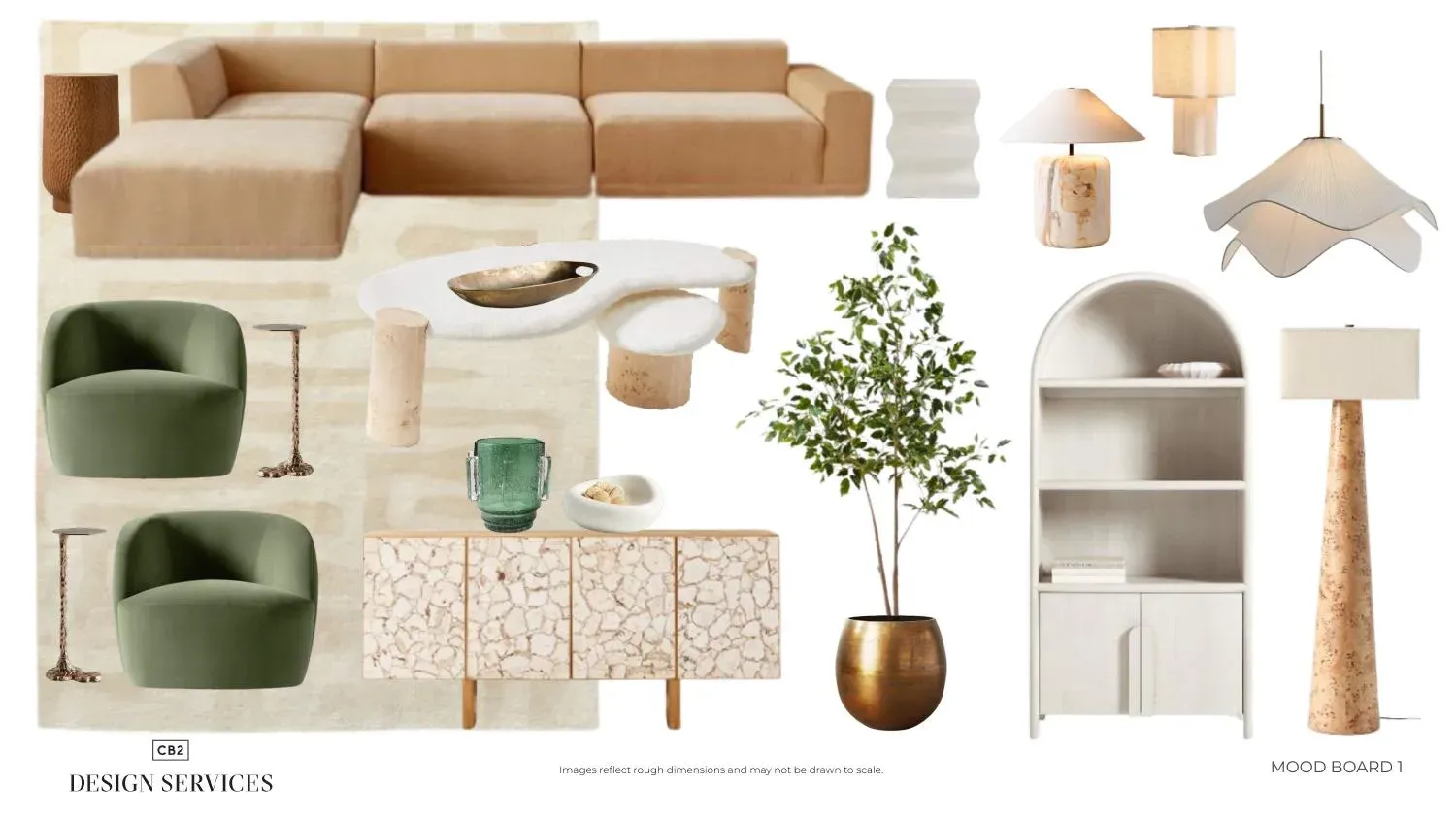 Mood board featuring a tan modular sofa, green velvet swivel chairs, organic boucle coffee table, and warm natural textures