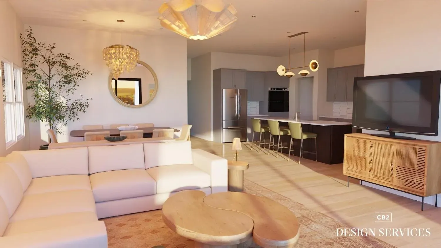 Warm transitional great room — V1 floor plan detail