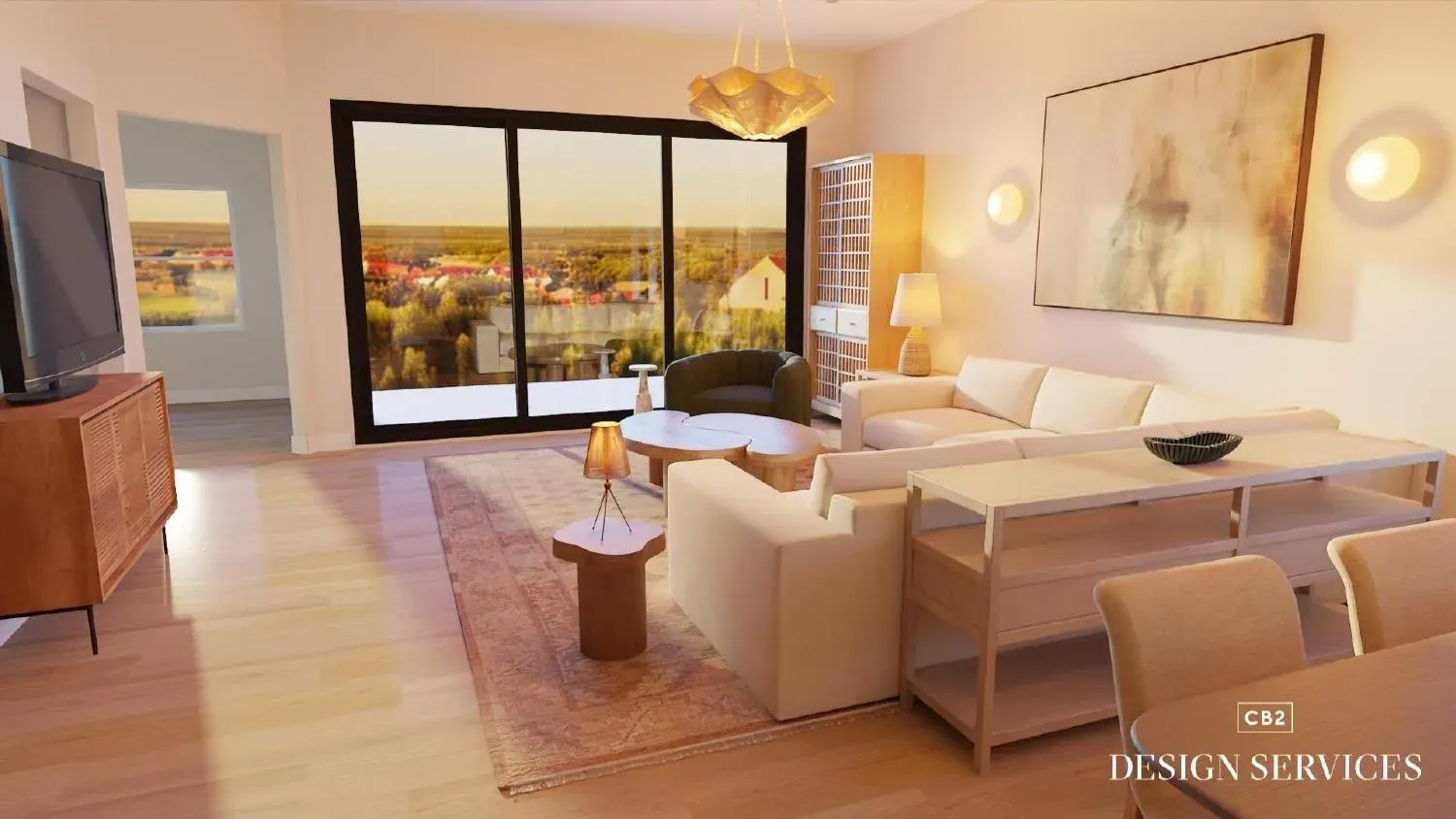 Warm transitional great room — V1 floor plan detail