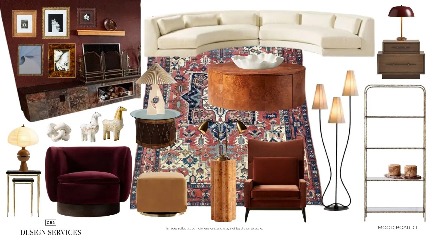Moody living room mood board mixing antique furnishings with modern silhouettes, tied to existing rug and fireplace