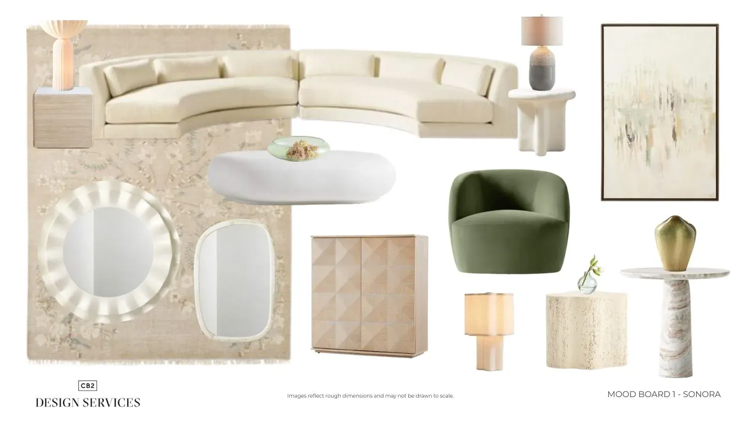 Airy neutral living room mood board built around the Faible sofa and Babylon rug with a green accent
