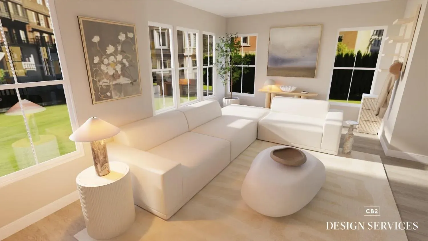 Airy neutrals living room — V1 mood detail