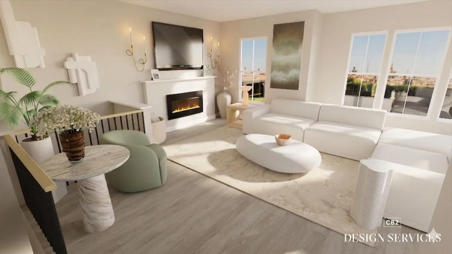 Airy neutrals living room — V2 mood detail