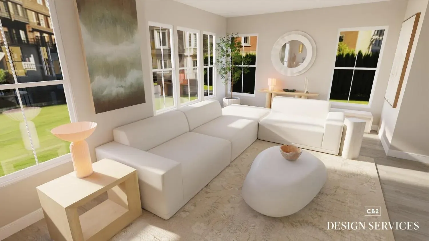 Airy neutrals living room — V2 mood detail
