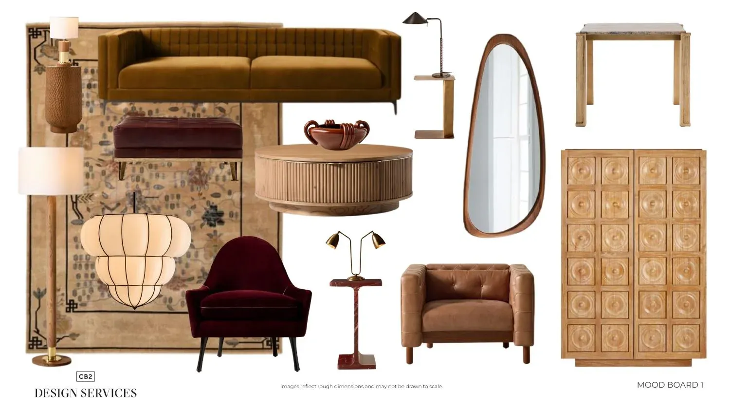 Mood board for a foyer sitting room exploring neutral, warm, and cool palettes around an existing mirror and cabinet