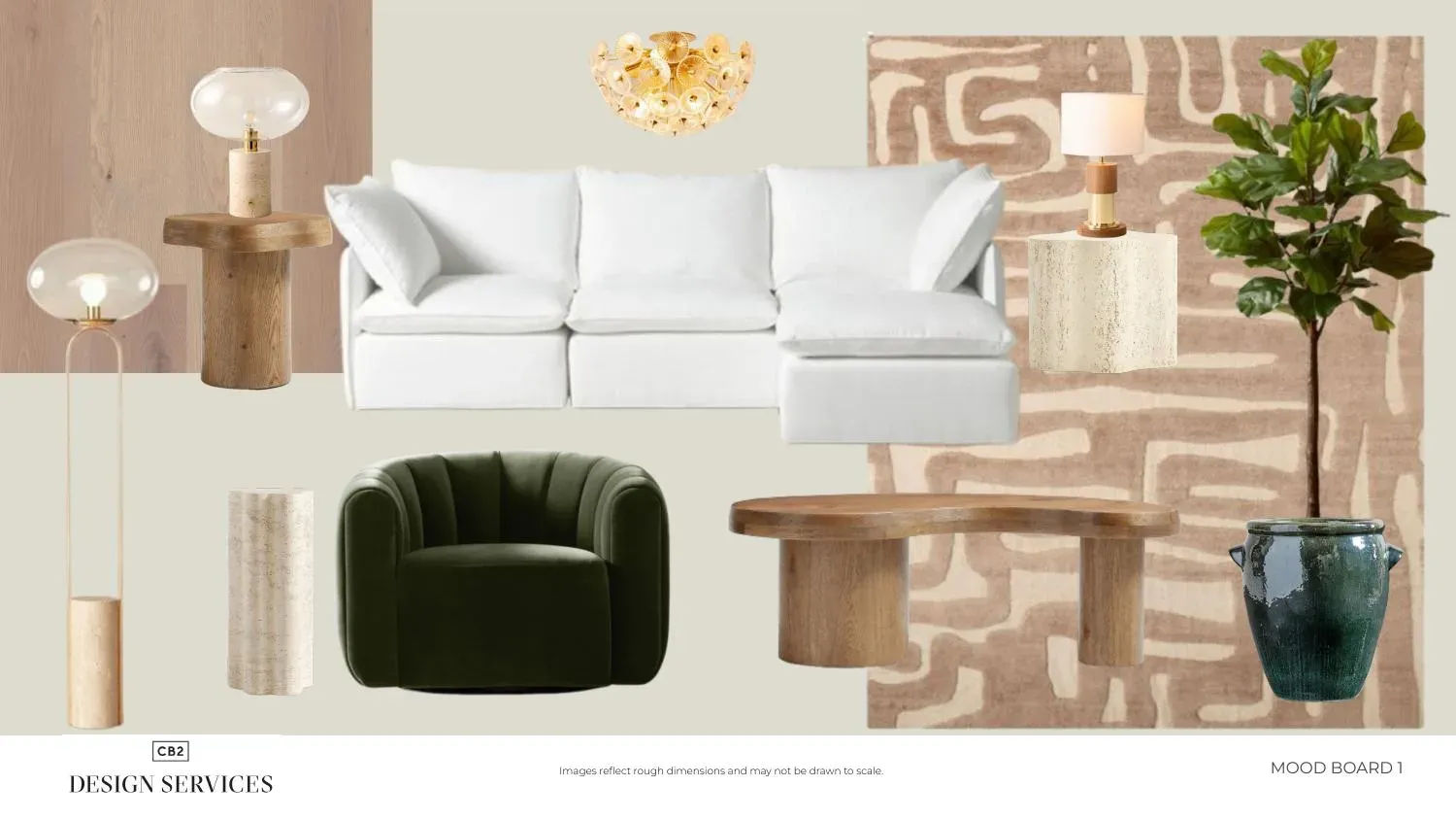 Warm, organic, modern-minimalist mood board for a great/family room — natural materials and quiet silhouettes