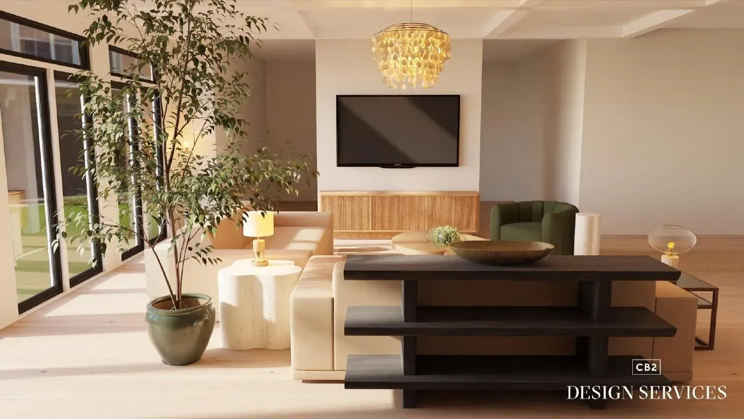 Organic modern minimalism great room — V2 (two sofas) detail