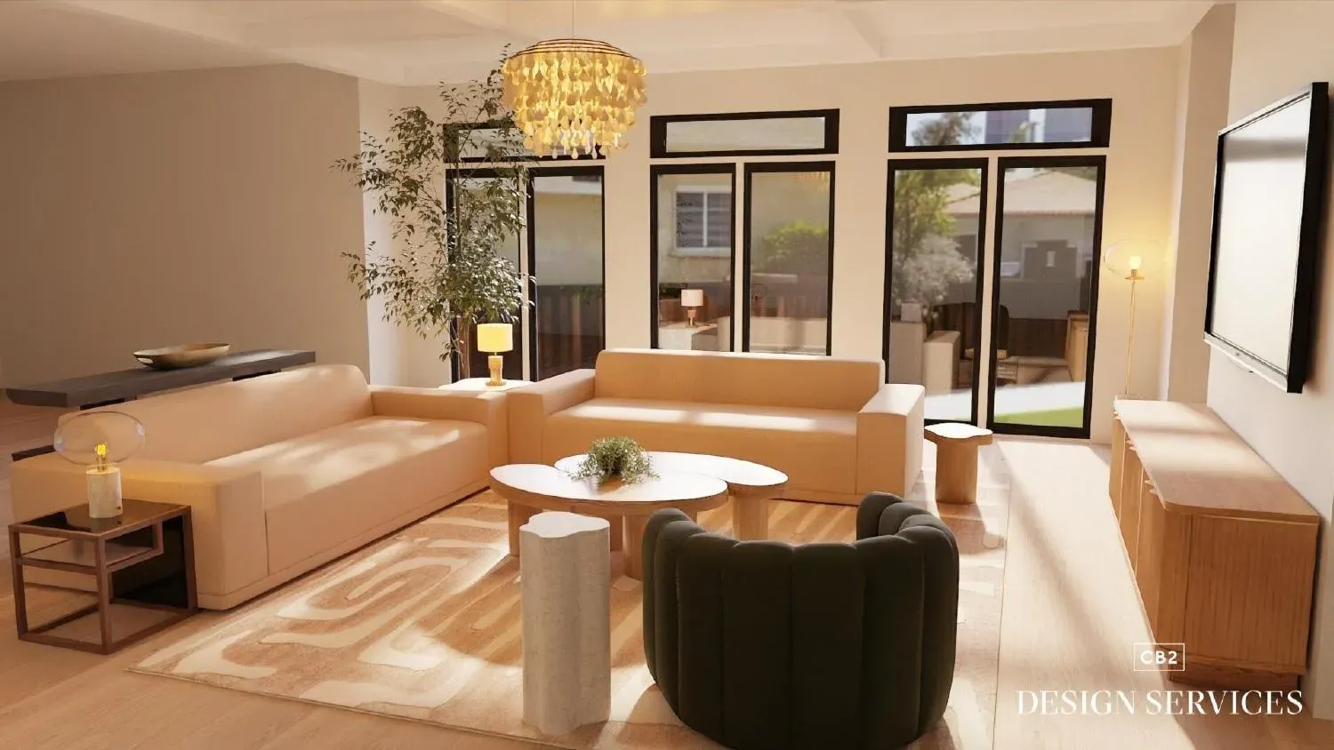 Organic modern minimalism great room — V2 (two sofas) detail