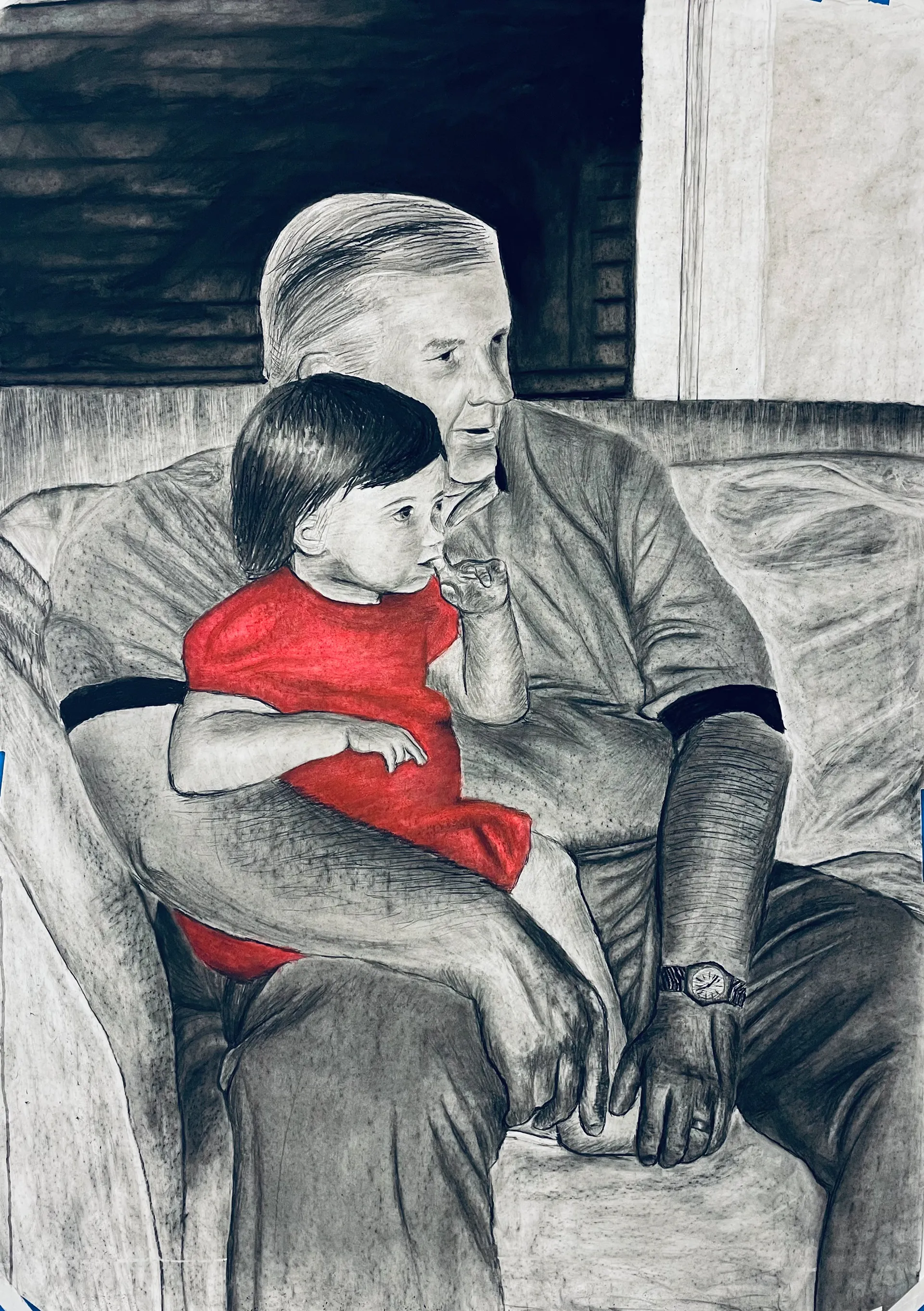 Large charcoal and oil pastel drawing of the artist with her late grandfather