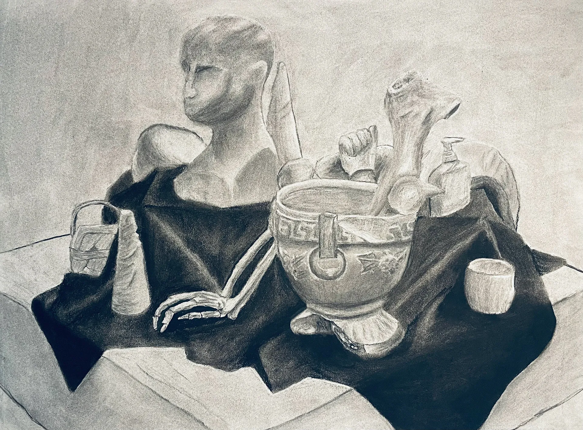 Large-scale charcoal still life on paper