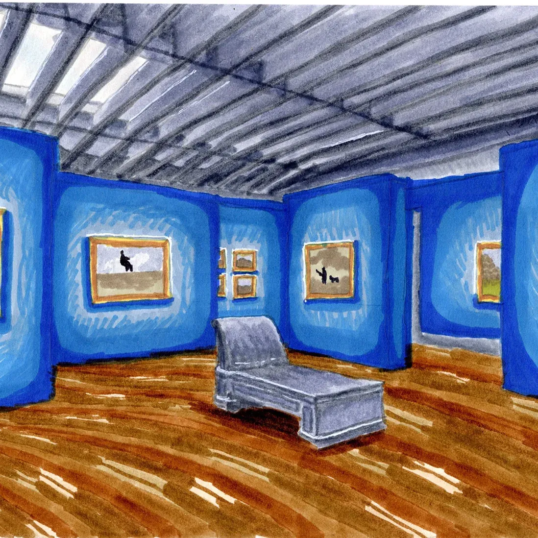 Graphite and marker observational sketch of an interior at the VMFA