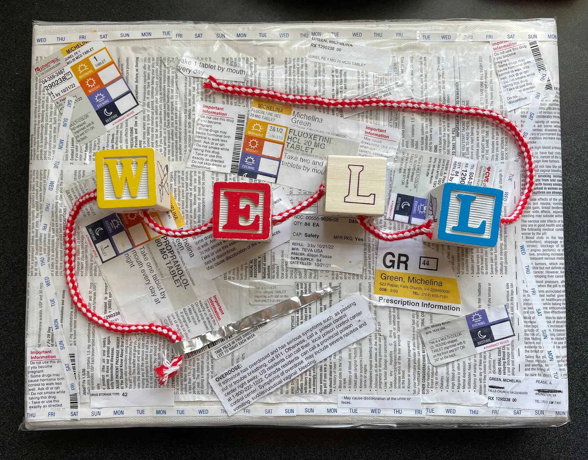 Mixed media canvas combining children's letter blocks, walls of text, and a needle and thread